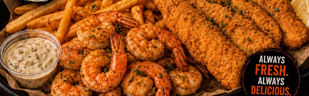 Shrimp, fried fish and fries platter