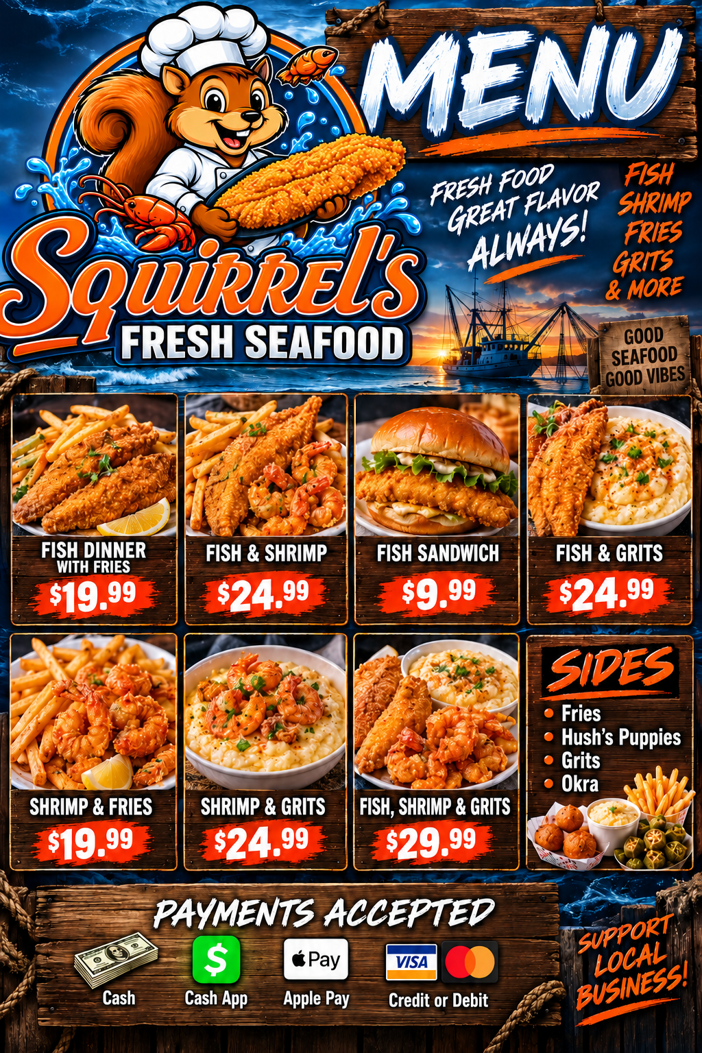 Full Squirrel's Fresh Seafood menu