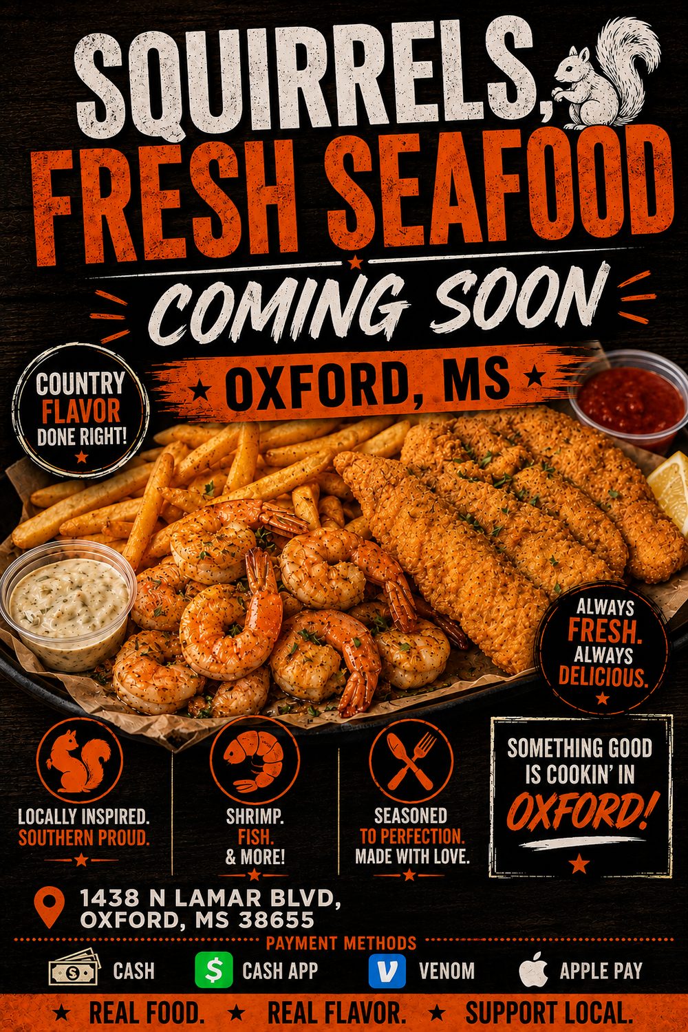 Platter of fried fish, shrimp, fries and dipping sauces from Squirrels, Fresh Seafood