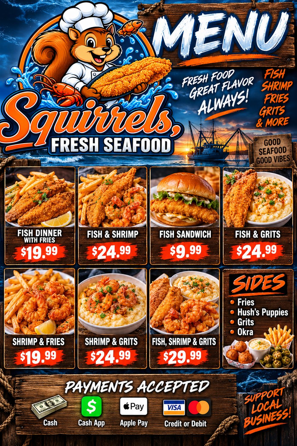 Full printable Squirrels, Fresh Seafood menu